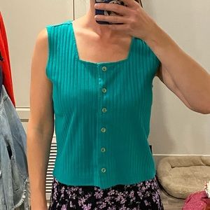 Basic Editions Y2k vintage square neck ribbed  tank top teal green medium